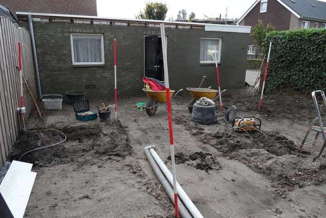 uitzetten lijnen in de tuin verdichten zandbed met trilplaat of gebroken puin bed, cementeren van de muren met zilverzand en portlandcement, in een achtertuin in loon op zand tuin op juite hoogte brengen tilburg udenhout berkel enschot oisterwijk breda eindhoven gelddrop